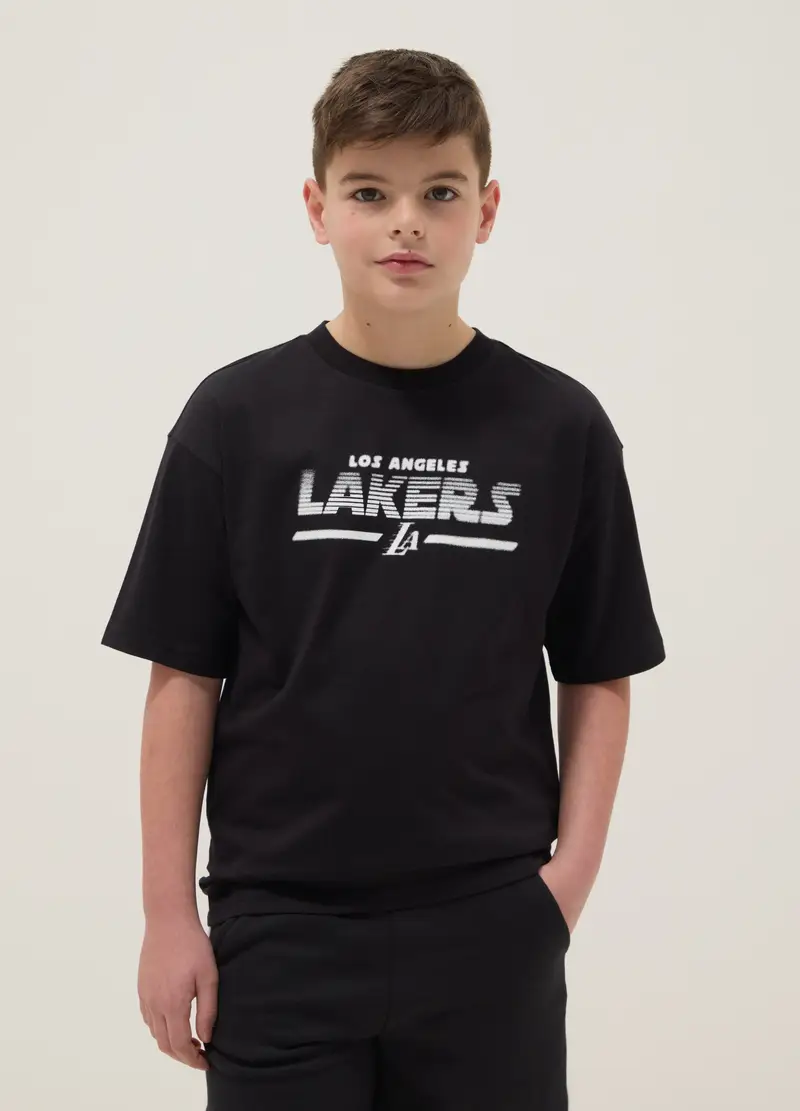 T-shirt In Puro Cotone Nero Da Bambino Regular Fit Con Logo Lakers, Unisex, Nero