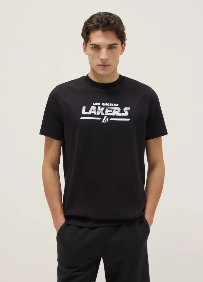 T-shirt In Puro Cotone Nero Regular Fit Con Logo Lakers, Uomo, Nero
