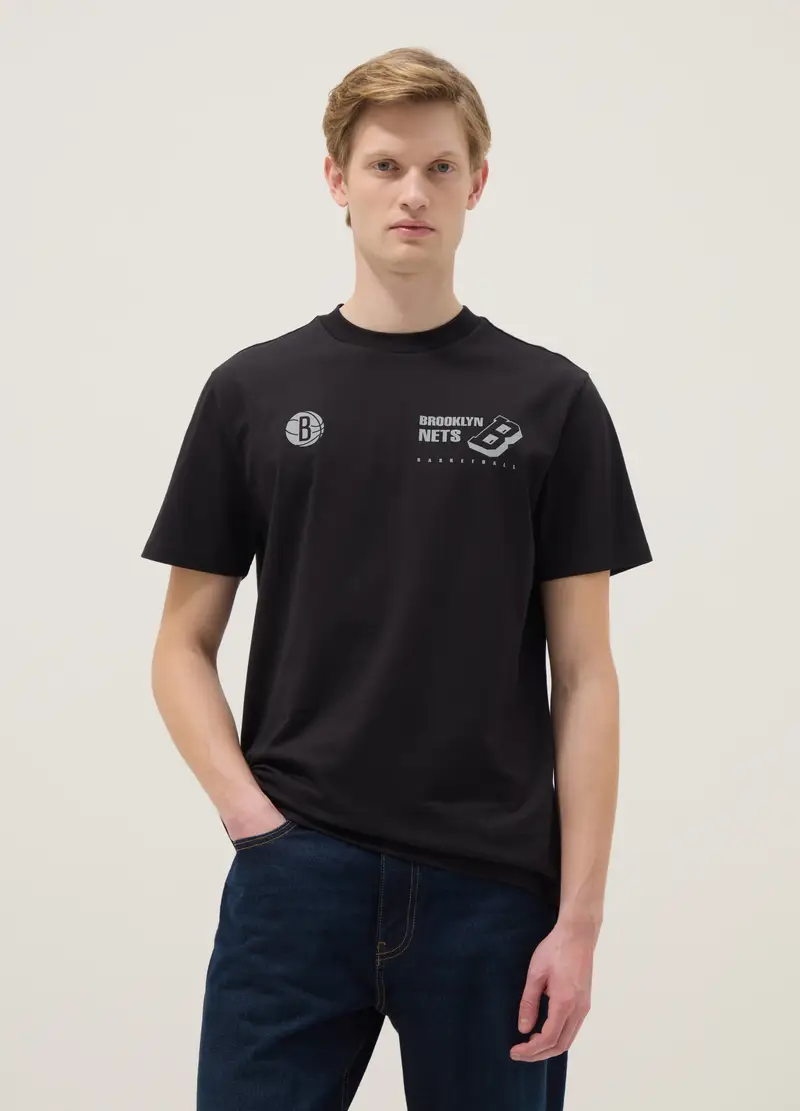 T-shirt In Puro Cotone Nero Regular Fit Con Stampa Brooklyn Nets, Uomo, Nero