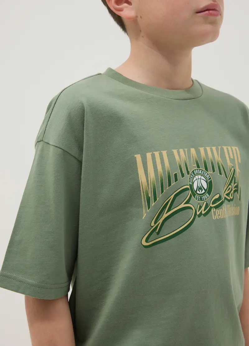 T-shirt In Puro Cotone Verde Da Bambino Oversize Fit Milwaukee Bucks, Unisex, Verde miniatura 2