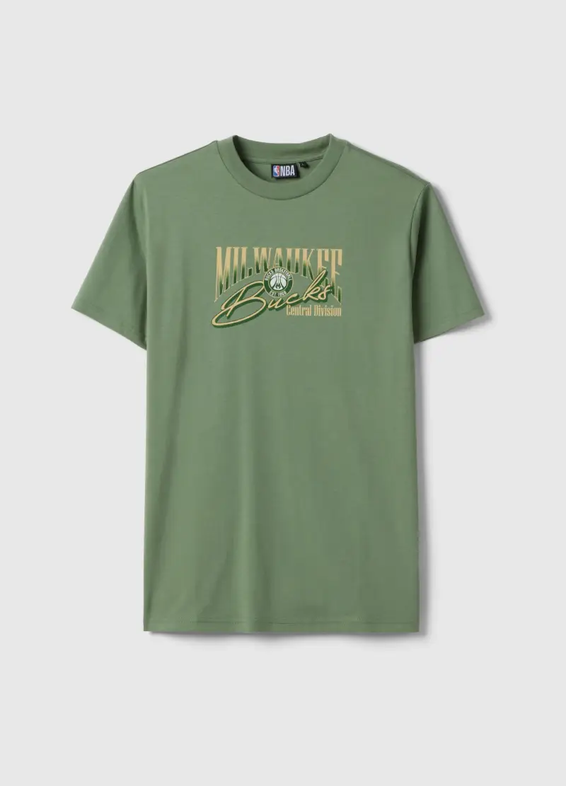 T-shirt In Puro Cotone Verde Regular Fit Con Stampa Milwaukee Bucks, Uomo, Verde