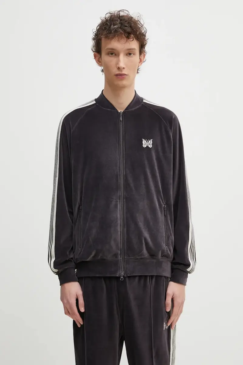 felpa in velluto Rib Collar Track uomo colore marrone con applicazione QV319