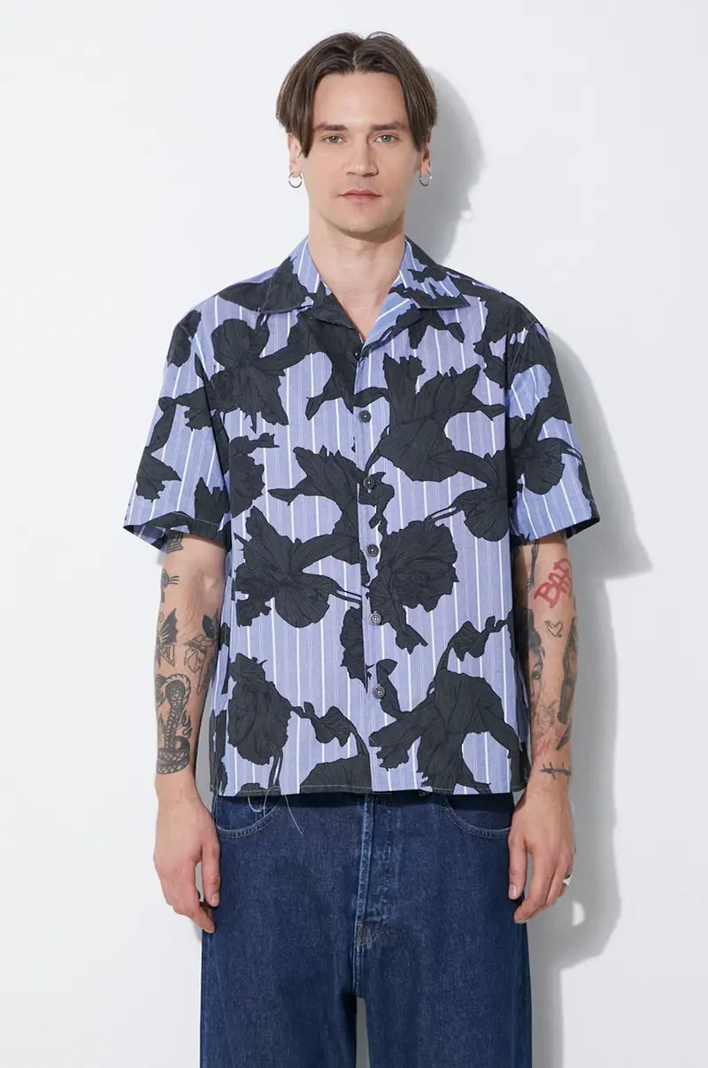 camicia in cotone Boxy Bold Flowers Print Short Sleeve Shirt uomo colore blu MY60214A-Y059-765N