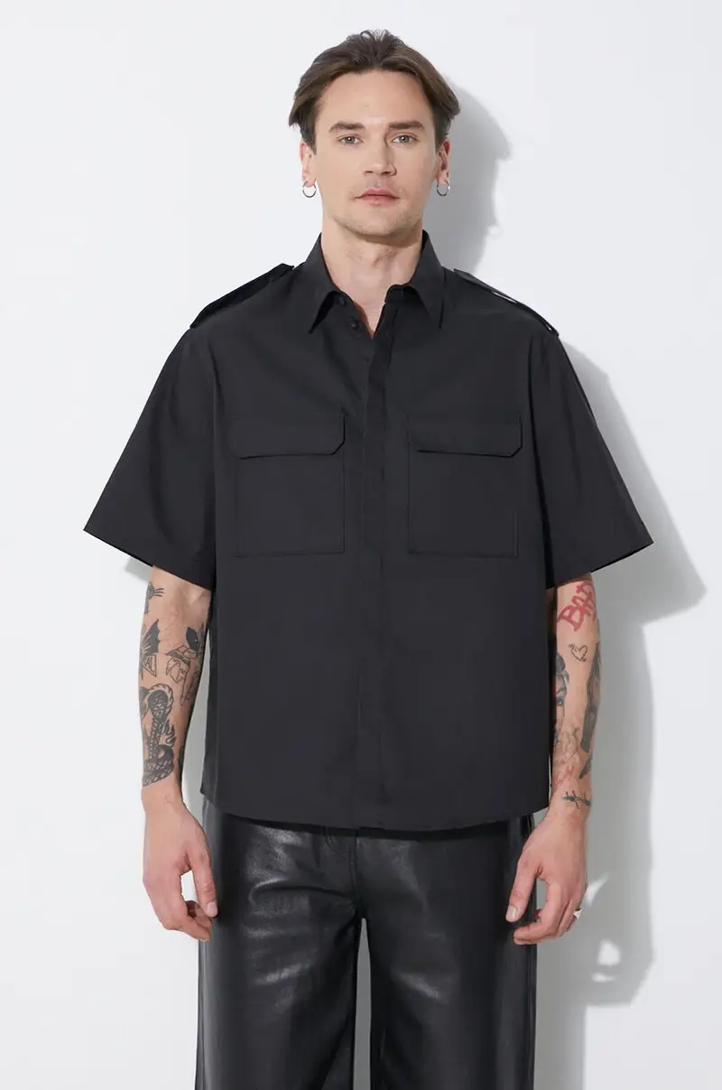 camicia Loose Military Police Detail Short Sleeve Shirt uomo colore nero MY60216A-Y037-001N