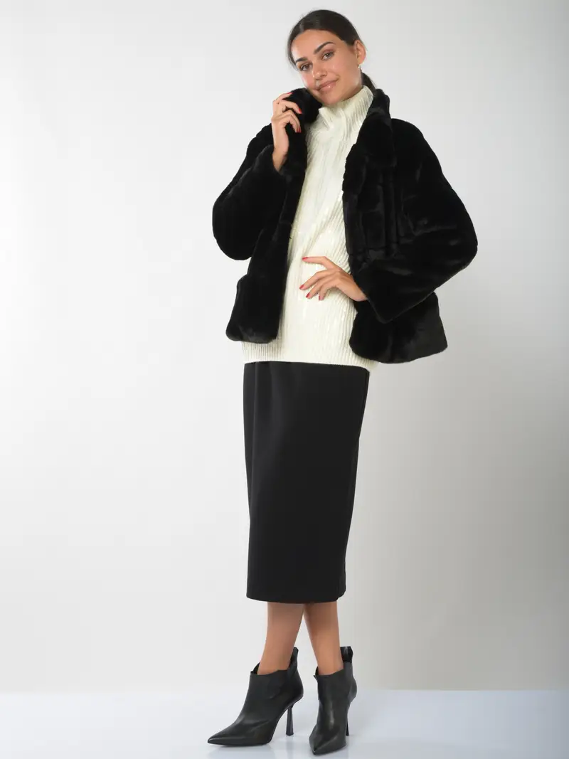 ecopelliccia da donna Nenette corta a righe NERO miniatura 2