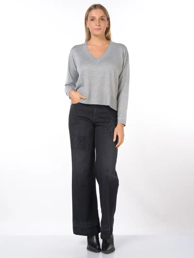 maglia da donna Nenette scollo a V con strass Grigio miniatura 2