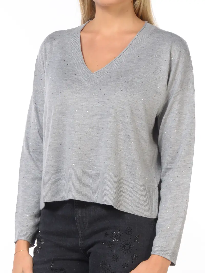 maglia da donna Nenette scollo a V con strass Grigio