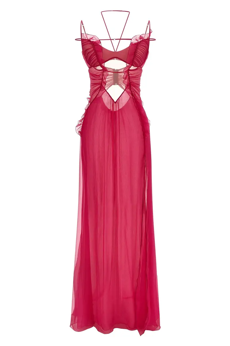 Nensi Dojaka Abito lungo fuxia con cutouts e volant