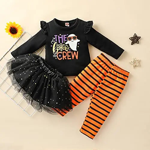 Neonate Vestiti Il mio primo vestito di Halloween Manica lunga Stampa zucca Top volant con gonna tutu Pantalone Set miniatura 3