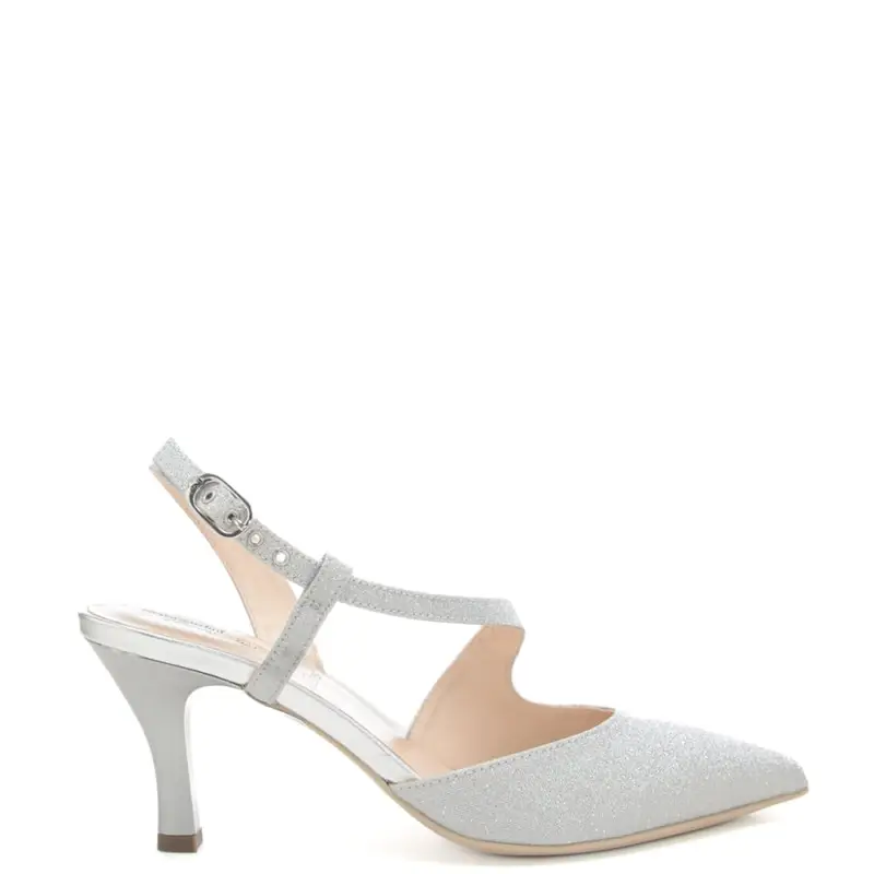 chanel donna con fascia trasversale glitter e tacco basso argento