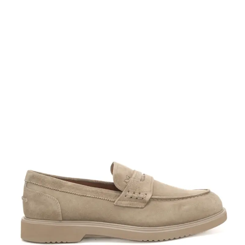 mocassini da uomo in suede con logo monogram inciso sulla parte sinistra beige chiaro