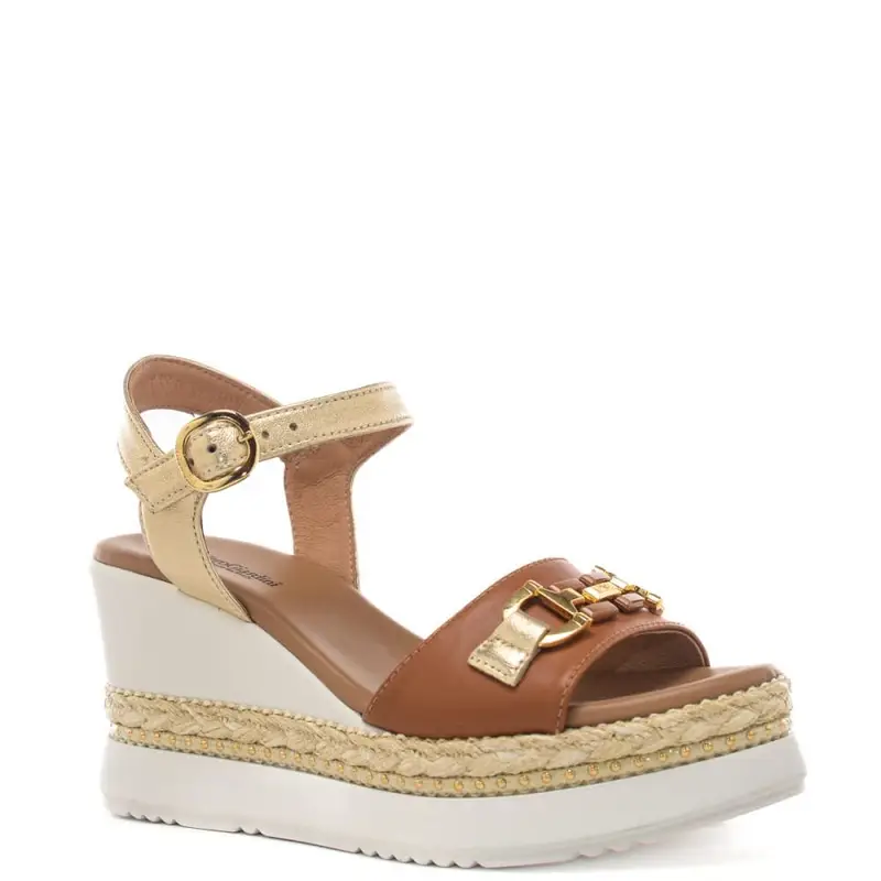 sandali alti da donna con zeppa, dettaglio in metallo inserti in corda e borchie cuoio e platino miniatura 2