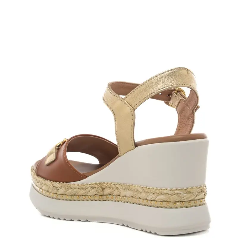 sandali alti da donna con zeppa, dettaglio in metallo inserti in corda e borchie cuoio e platino miniatura 3