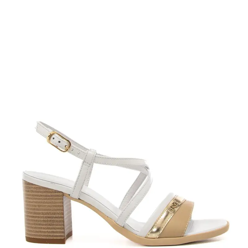 sandali bassi da donna con fascetta laminata a contrasto sul davanti bianchi