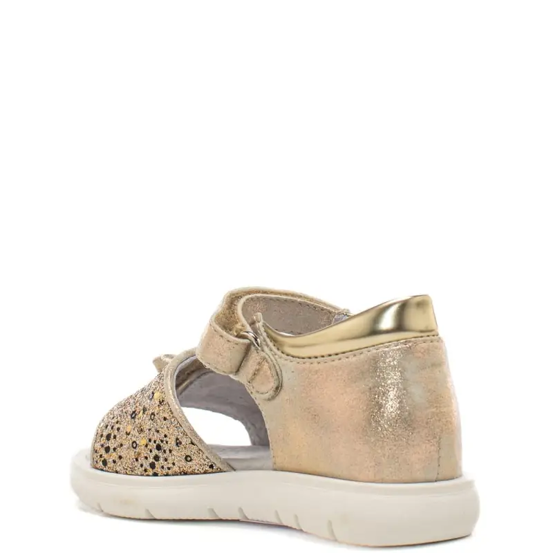 Nerogiardini sandali da bambina in materiale tecnico e pelle con strass e paillettes sul davanti oro miniatura 3