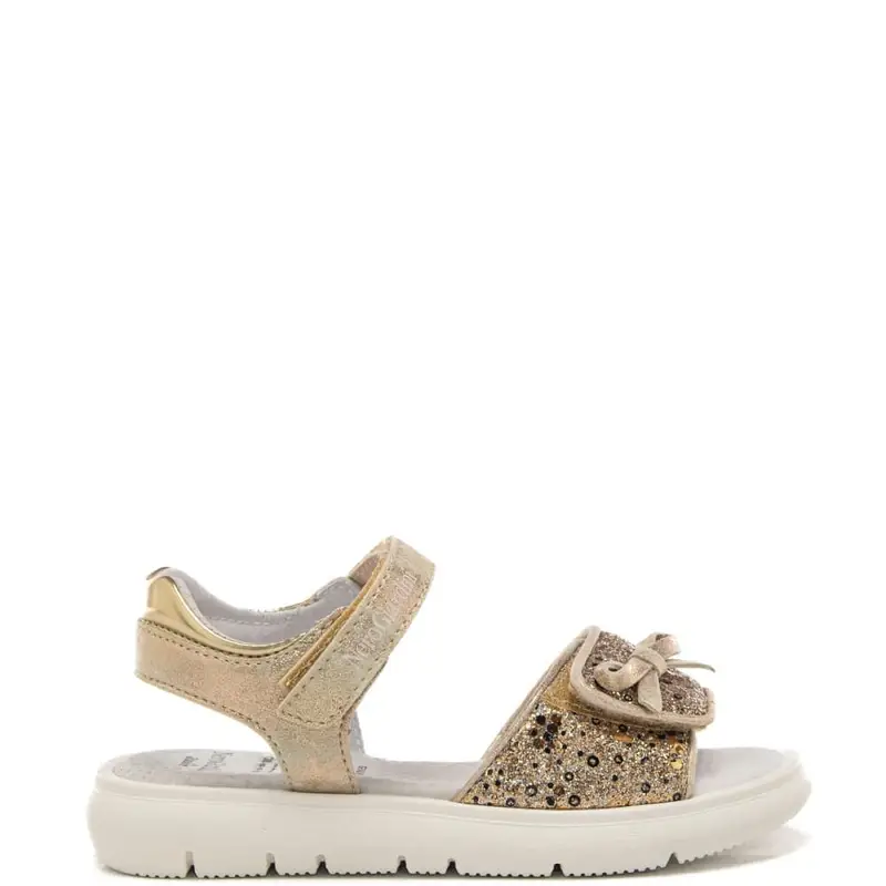 Nerogiardini sandali da bambina in materiale tecnico e pelle con strass e paillettes sul davanti oro