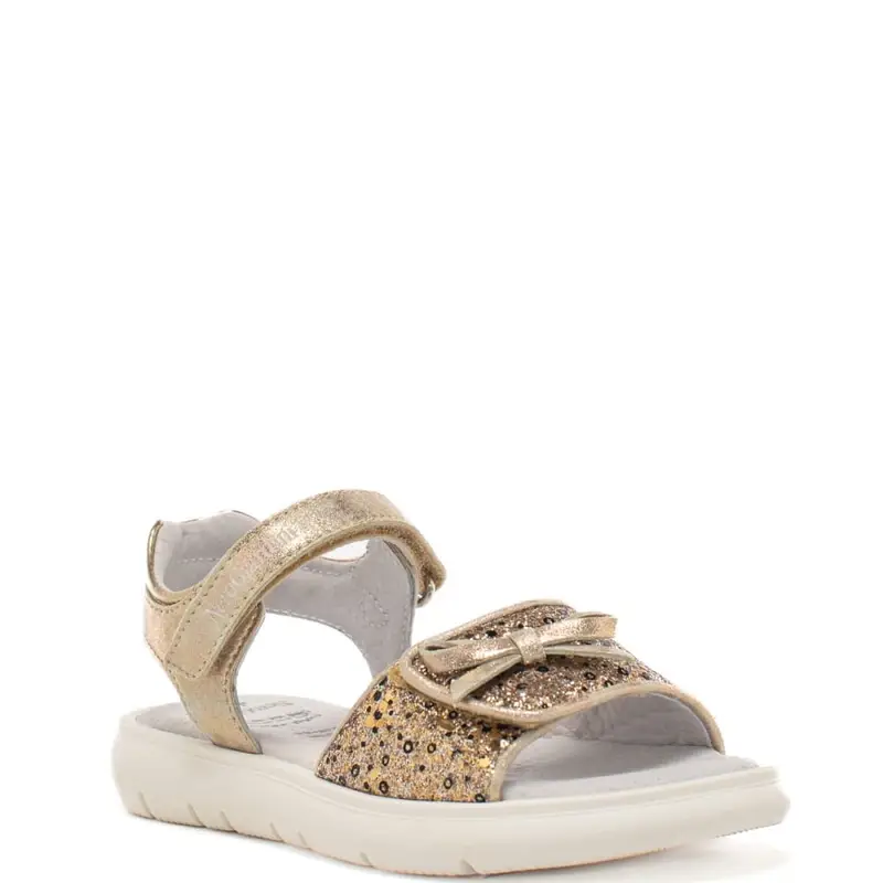 Nerogiardini sandali da bambina in materiale tecnico e pelle con strass e paillettes sul davanti oro miniatura 2