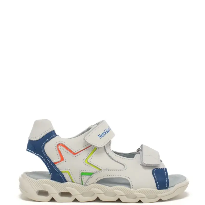 Nerogiardini sandali da bimbo con chiusura a doppio strappo in velcro con stella multicolor in pelle bianca
