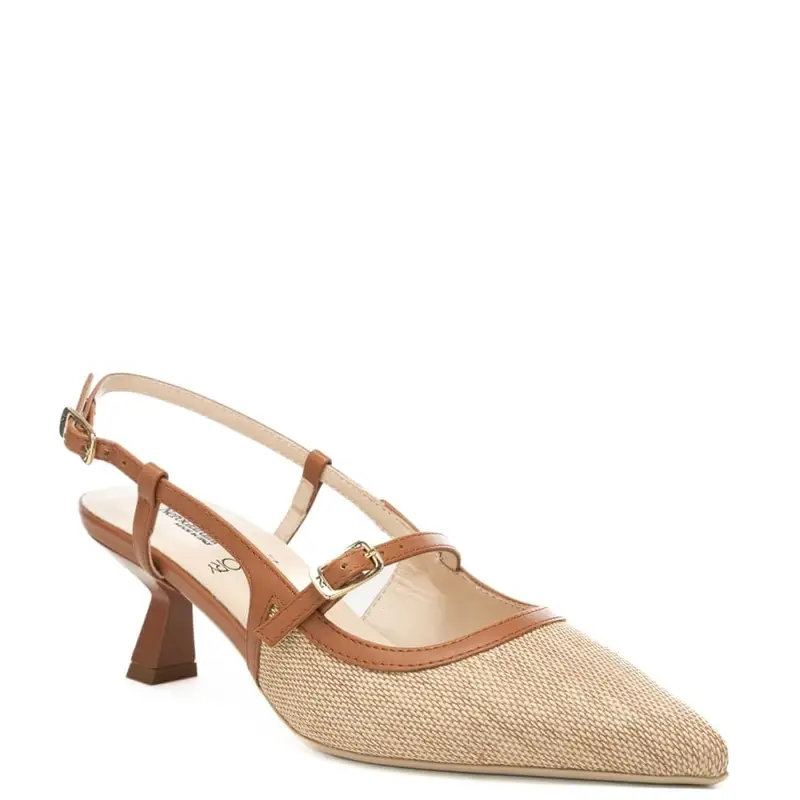 slingback da donna in tessuto intrecciato con tacco a rocchetto e inserti in pelle beige miniatura 2