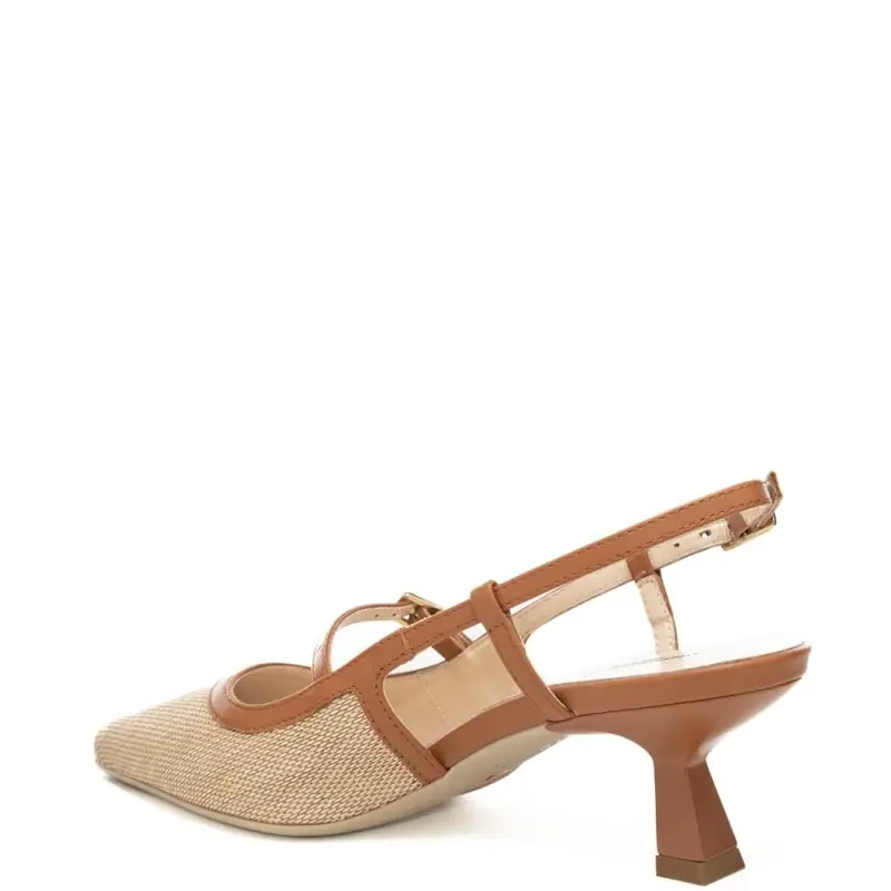 slingback da donna in tessuto intrecciato con tacco a rocchetto e inserti in pelle beige miniatura 3