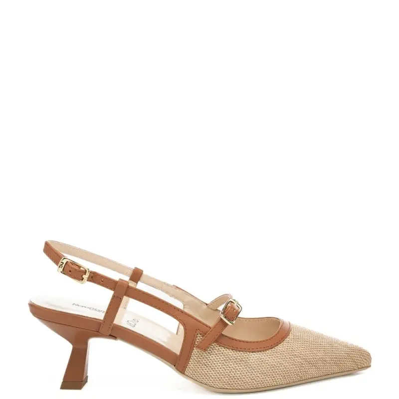 slingback da donna in tessuto intrecciato con tacco a rocchetto e inserti in pelle beige