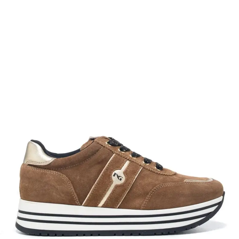 sneakers bimba con suola platform e cerniera in pelle scamosciata marrone