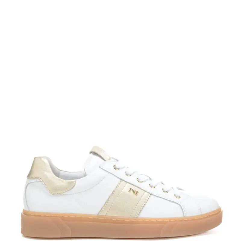 sneakers da donna con inserti laminati bianche oro