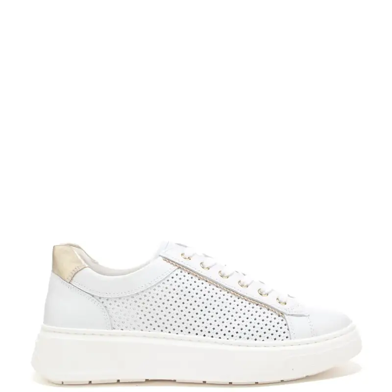 sneakers da donna in suede con tomaia traforata e inserto laminato sul retro