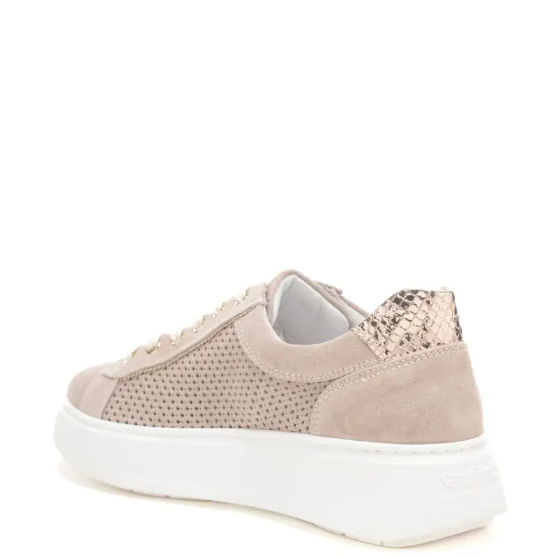 sneakers da donna in suede con tomaia traforata e inserto pitonato laminato sul retro beige miniatura 2