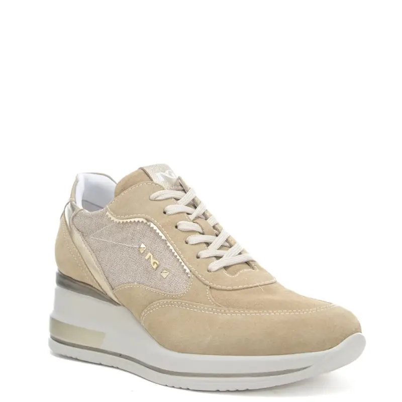 sneakers da donna in suede con zip esterna e dettagli dorati beige miniatura 2