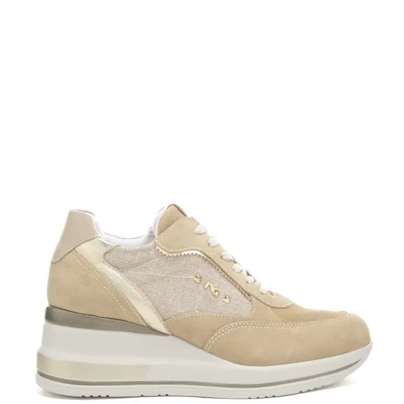 sneakers da donna in suede con zip esterna e dettagli dorati beige