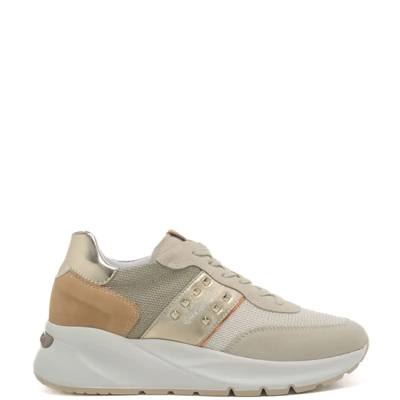 Nerogiardini sneakers da donna in vera pelle con inserti a contrasto beige e oro