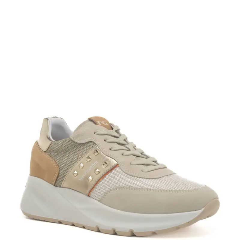 Nerogiardini sneakers da donna in vera pelle con inserti a contrasto beige e oro miniatura 3