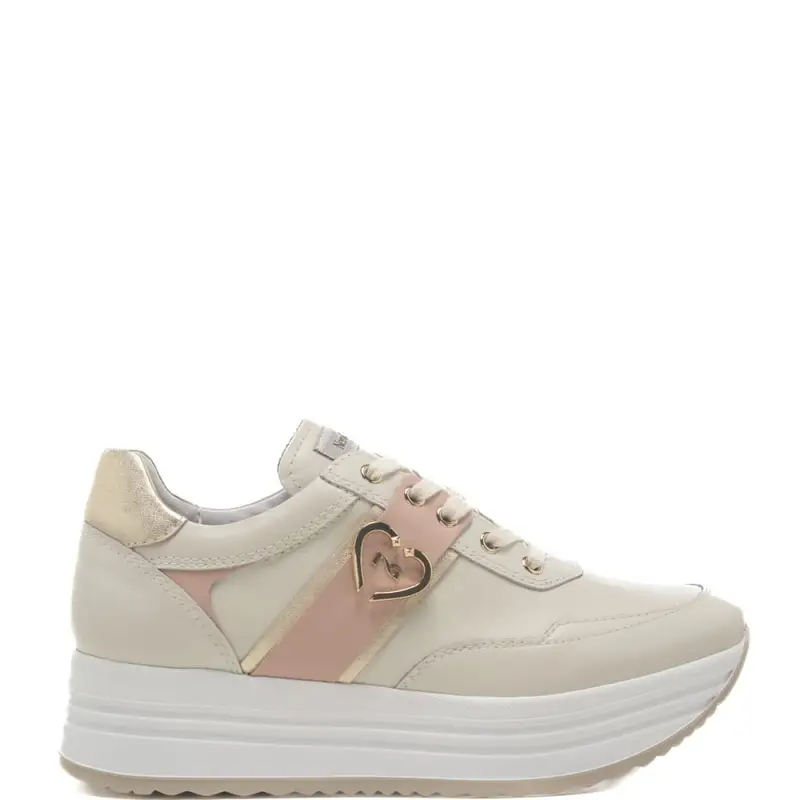 Nerogiardini sneakers da donna in vera pelle con inserto a contrasto sul retro crema e rosa