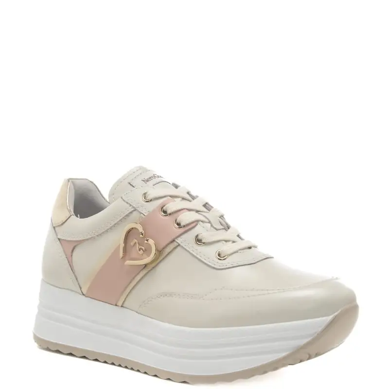 Nerogiardini sneakers da donna in vera pelle con inserto a contrasto sul retro crema e rosa miniatura 2