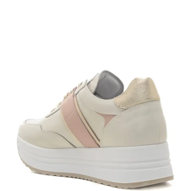 Nerogiardini sneakers da donna in vera pelle con inserto a contrasto sul retro crema e rosa miniatura 3