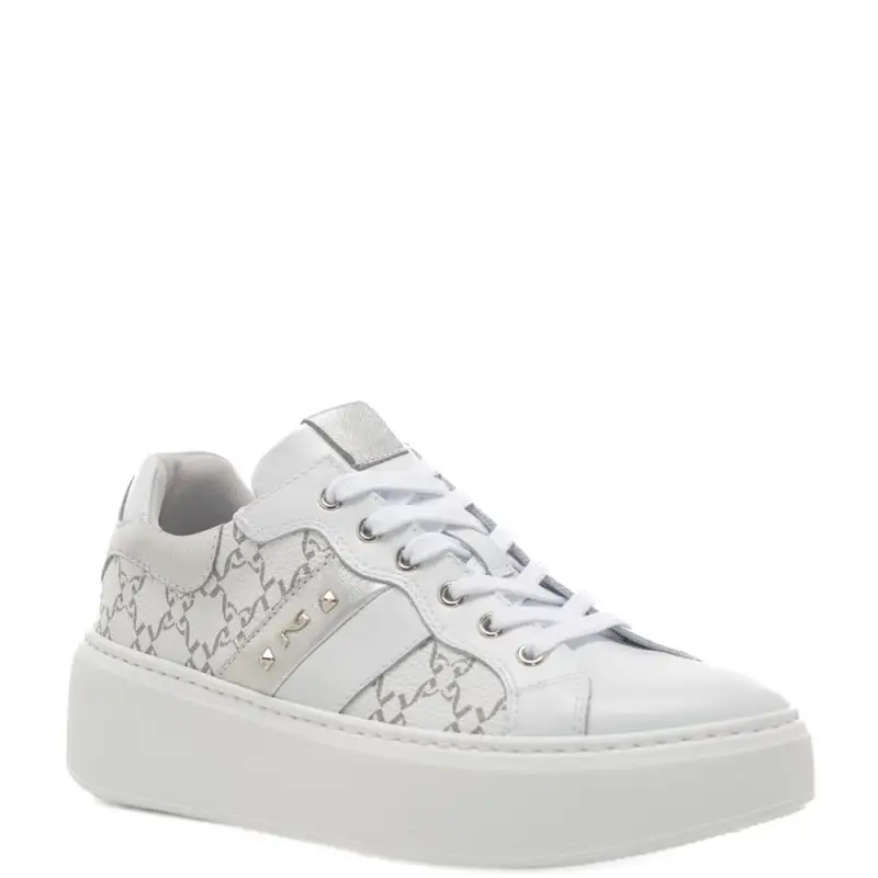 Nerogiardini sneakers da donna in vera pelle con logo monogram all over a intreccio geometrico bianco argento miniatura 2