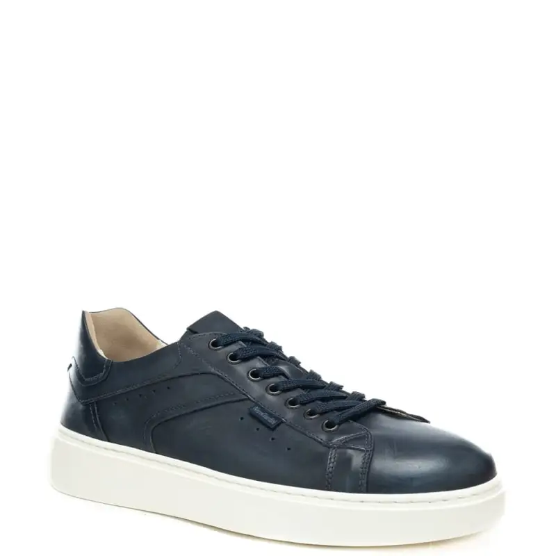 sneakers da uomo in vera pelle con finitura liscia blu navy miniatura 2