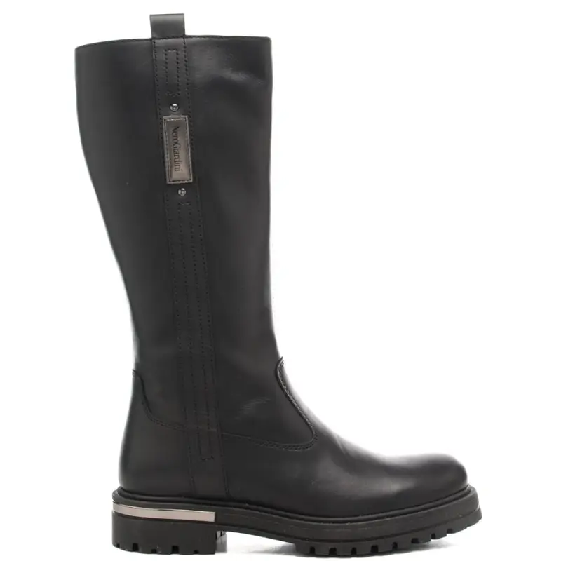 stivali alti da bambina in pelle con inserto in metallo sul retro della suola neri