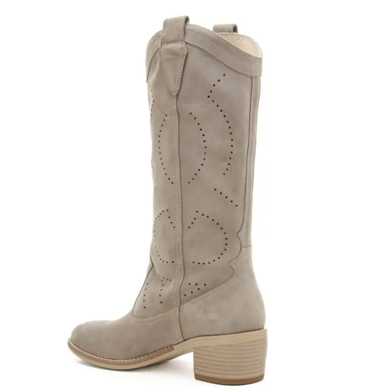 stivali alti da donna in suede con tomaia traforata beige miniatura 2