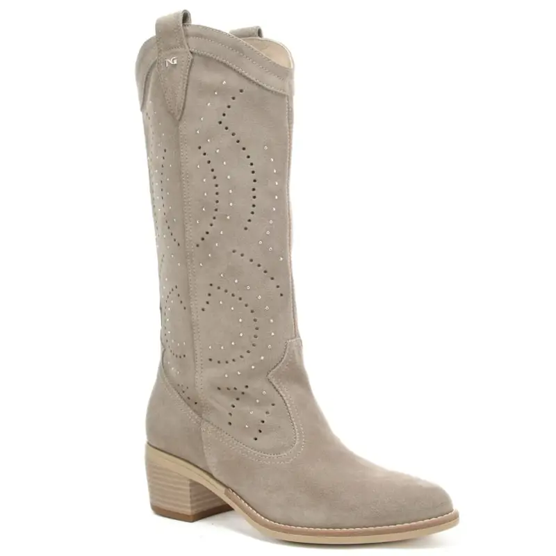 stivali alti da donna in suede con tomaia traforata beige miniatura 3