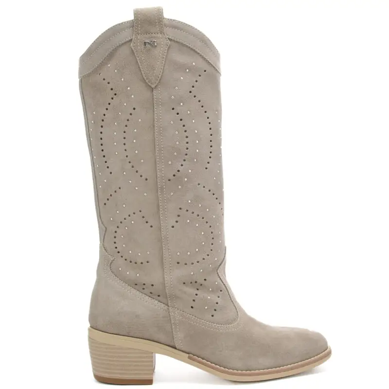 stivali alti da donna in suede con tomaia traforata beige
