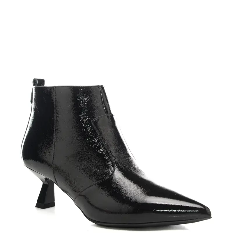 tronchetti bassi da donna in pelle lucida con tacco a rocchetto neri miniatura 2