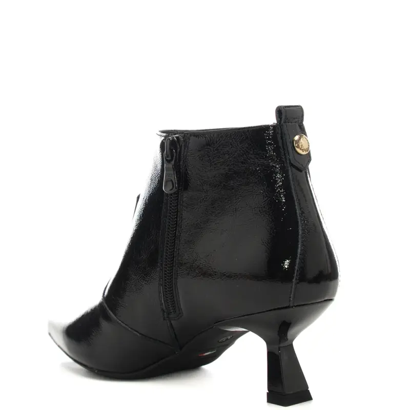 tronchetti bassi da donna in pelle lucida con tacco a rocchetto neri miniatura 3