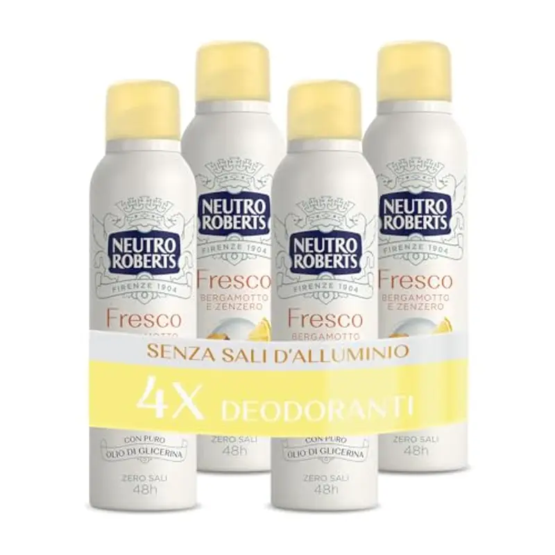 Neutro Roberts Deodorante Spray Fresco Giallo, Bergamotto e Zenzero, Zero Sali di Alluminio, Zero Macchie, con Puro