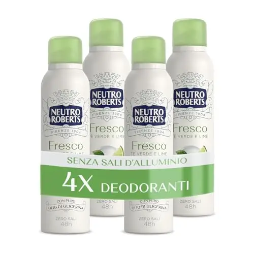 Neutro Roberts, Deodorante Spray Fresco Verde, Té Verde e Lime, Zero Sali di Alluminio, Zero Macchie, con Puro Olio di