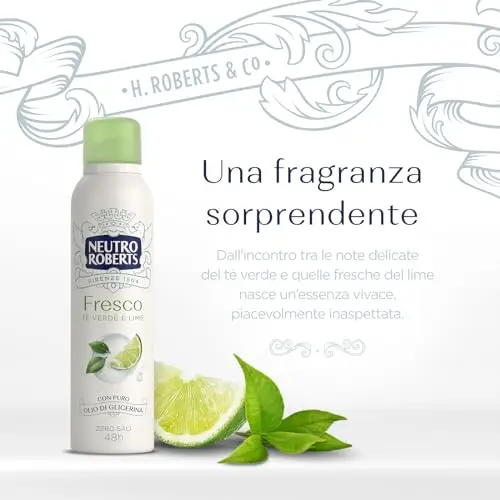 Neutro Roberts, Deodorante Spray Fresco Verde, Té Verde e Lime, Zero Sali di Alluminio, Zero Macchie, con Puro Olio di miniatura 2
