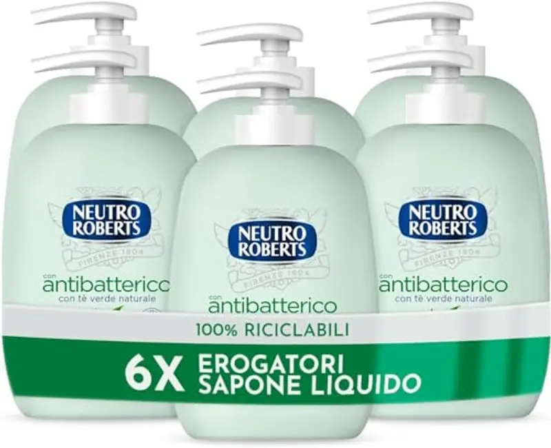 Neutro Roberts, Sapone Liquido Antibatterico, Pelle Sana e Protetta, Té Verde con Ingredienti Naturali - Flacone in Bio