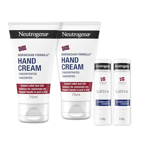 Neutrogena Formula Norvegese Skincare Kit, Set crema mani e labbra con Crema Mani Concentrata Non Profumata 2 x 75 ml e
