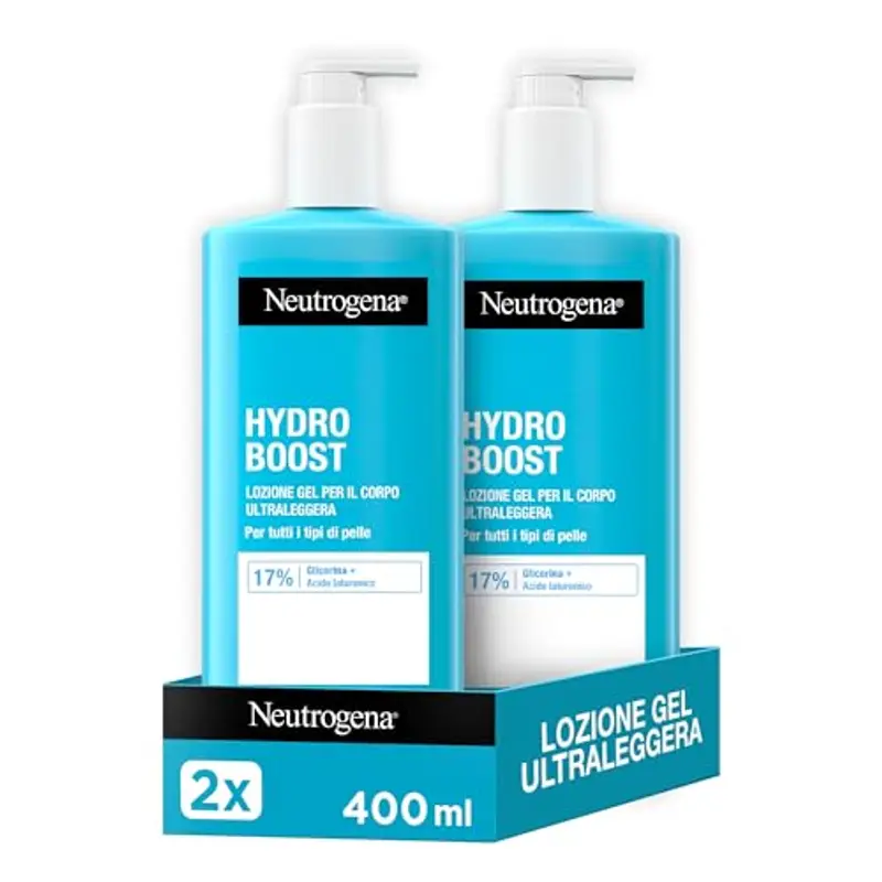 Neutrogena Hydro Boost Lozione Gel Ultraleggera, Crema corpo gel nutriente 72h per tutti i tipi di pelle, Crema idratante corpo con Acido Ialuronico e Glicerina, Set da 2 x 400 ml – Esclusiva Amazon